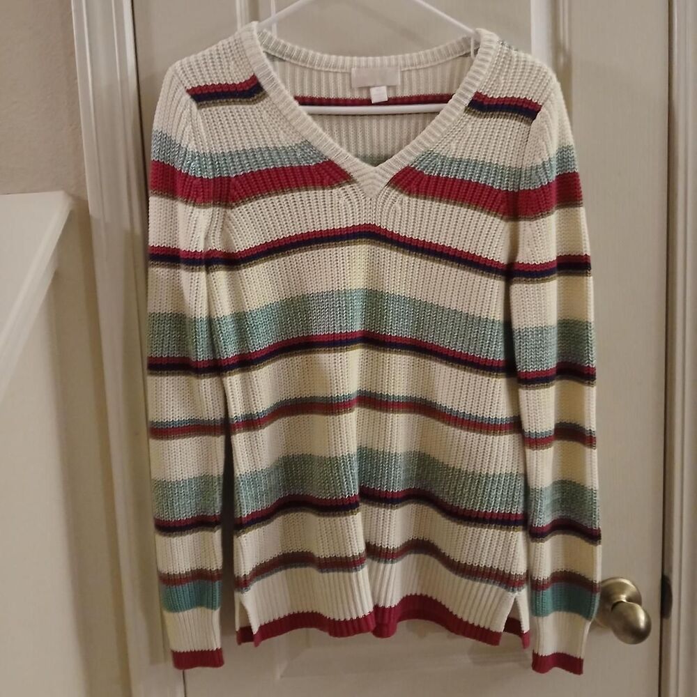 Belle boho striped chunky ribbed knit v-neck sweater oversized XS Preppy